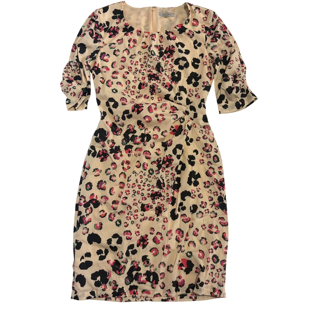 Great Plains London Leopard Print Gathered Waist Sheath Dress Cream Pink Sz M